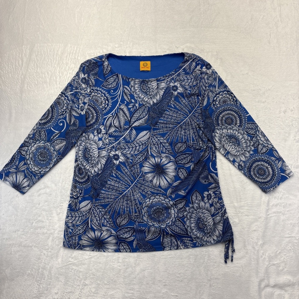 Ruby Rd. Blouse Women's Size Medium Blue White Floral 3/4 Sleeve Casual Lined